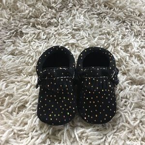 Black and gold polka dot moccasins